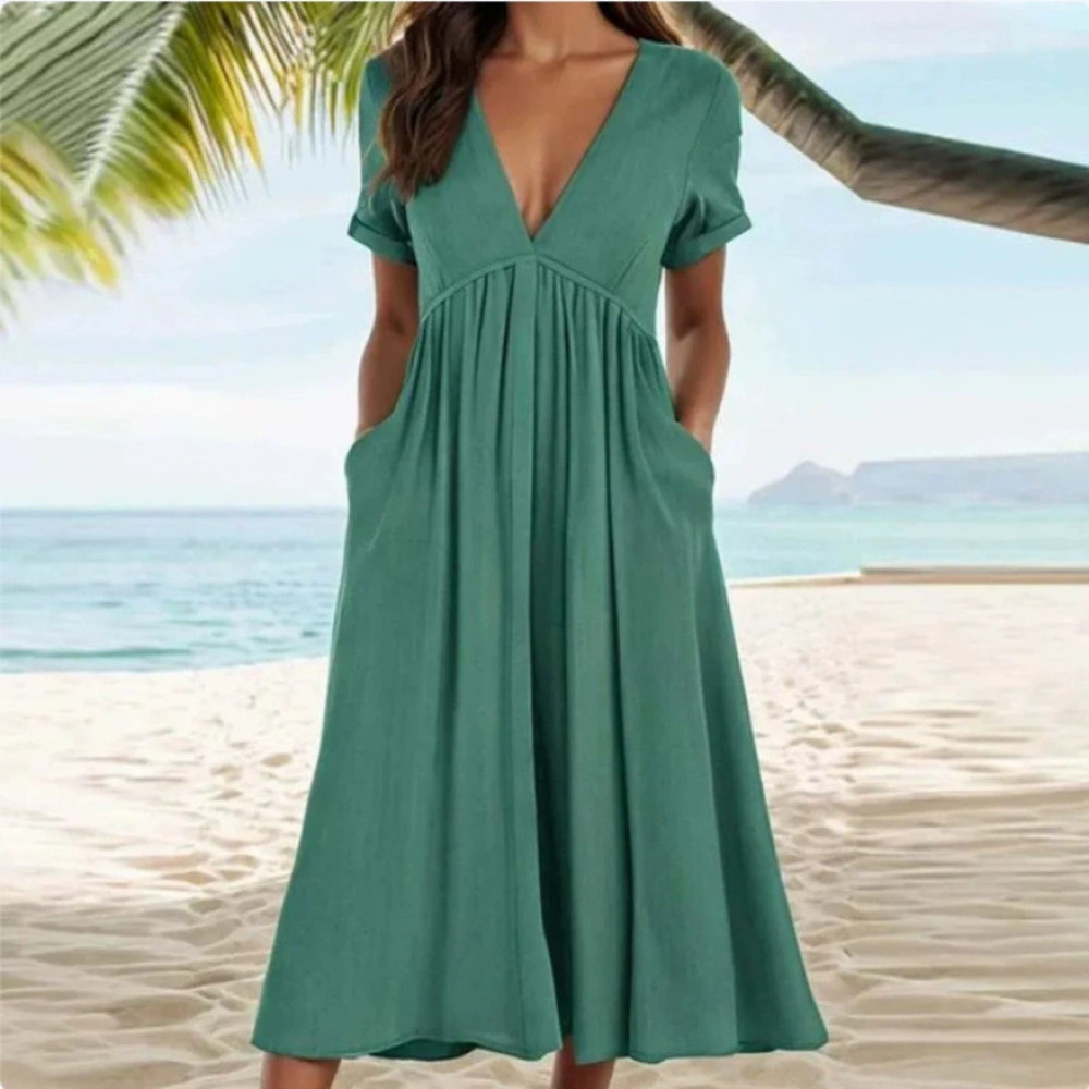 ZARA Spring Summer Solid Color Short Sleeve Fitted Waist Flared Dress